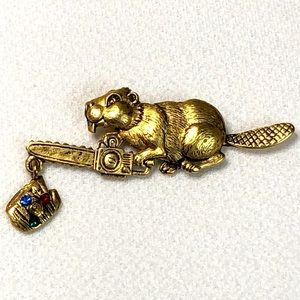 Beaver Brooch Pin with Chainsaw and Gemstone Jewels Log